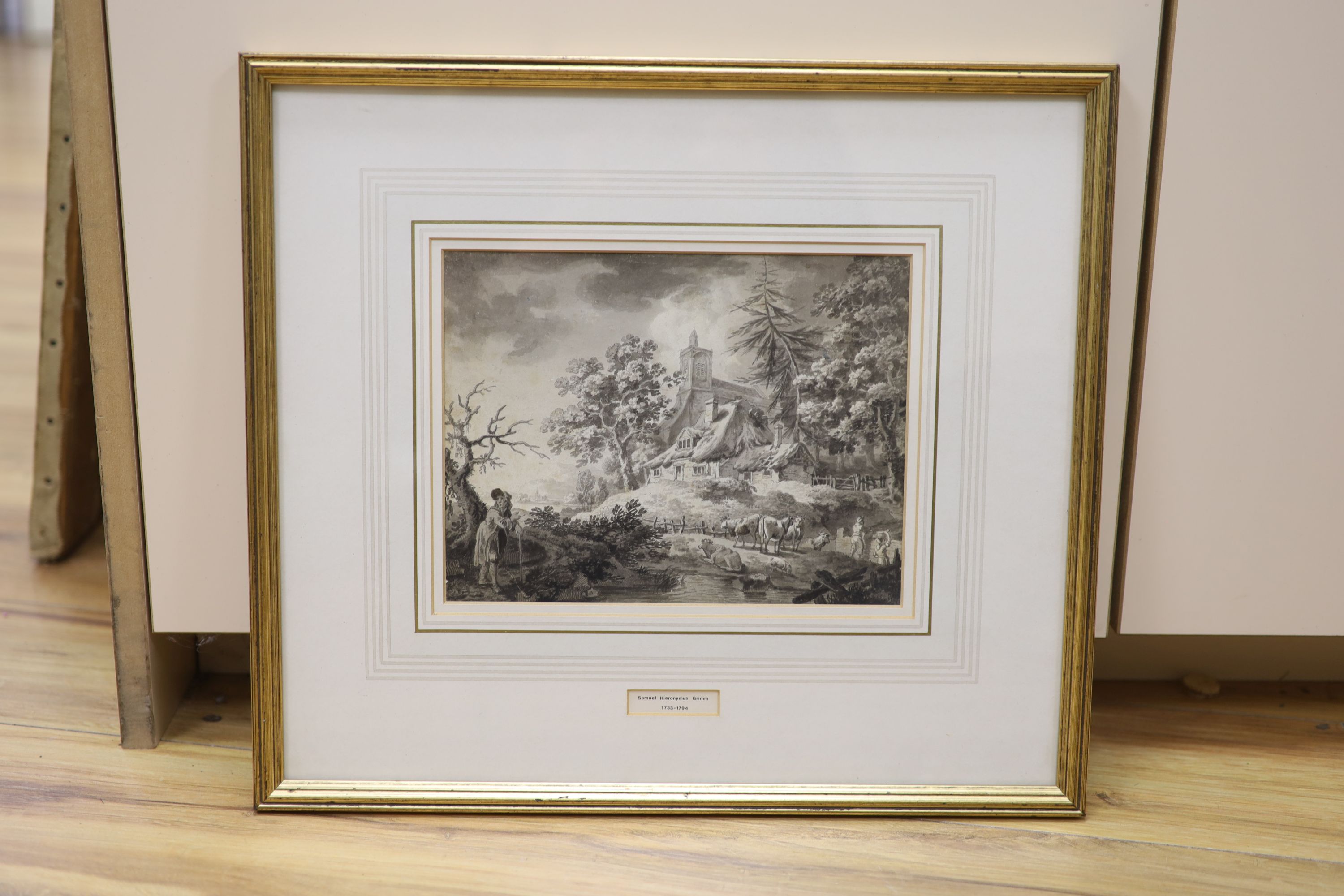 Samuel Hieronymus Grimm (1733-1794), monochrome watercolour, Cattle drovers in a landscape, 17 x 22cm